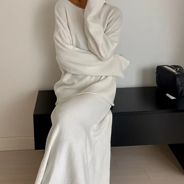 UMI MAO Top Damski Jesienno-Zimowy Nowy Elegancki Komplet Dzianinowy Dla Kobiet Sweter z Odkrytymi Ramionami Elastyczna Talia Spódnica typu Rybka