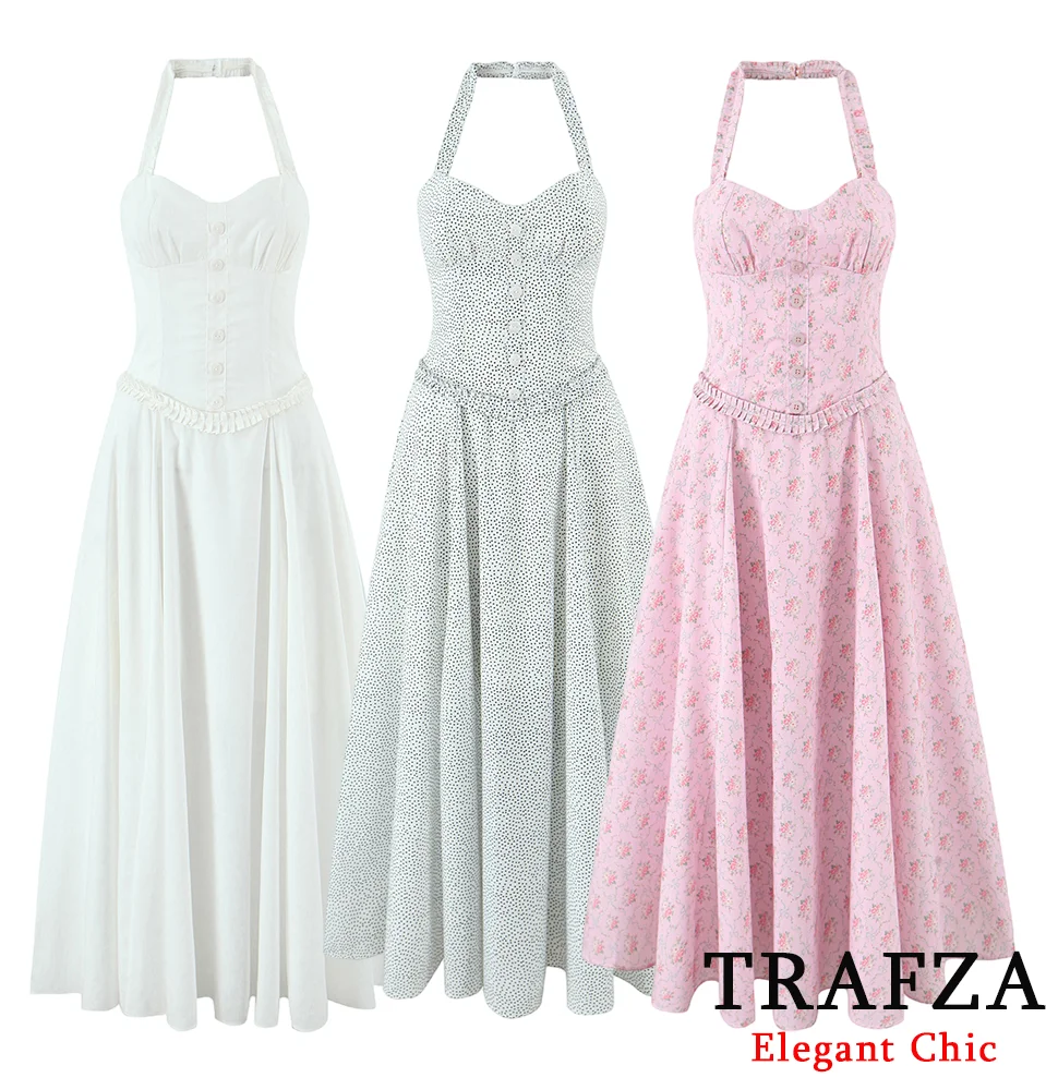 

TRAFZA Vintage Sweet Halter Dress Women's Printed Waist Pleated Long Dress 2025 Summer Fashion Elegant Wedding Party Lady Dress