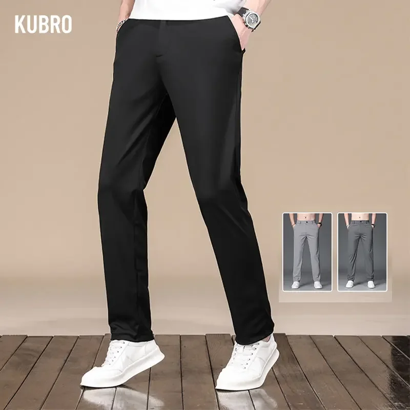 

KUBRO 2023 Chic Men's Casual Work Pants Straight Pantalon Trousers Spring Summer Solid Color Fashion Pocket Applique Full Length