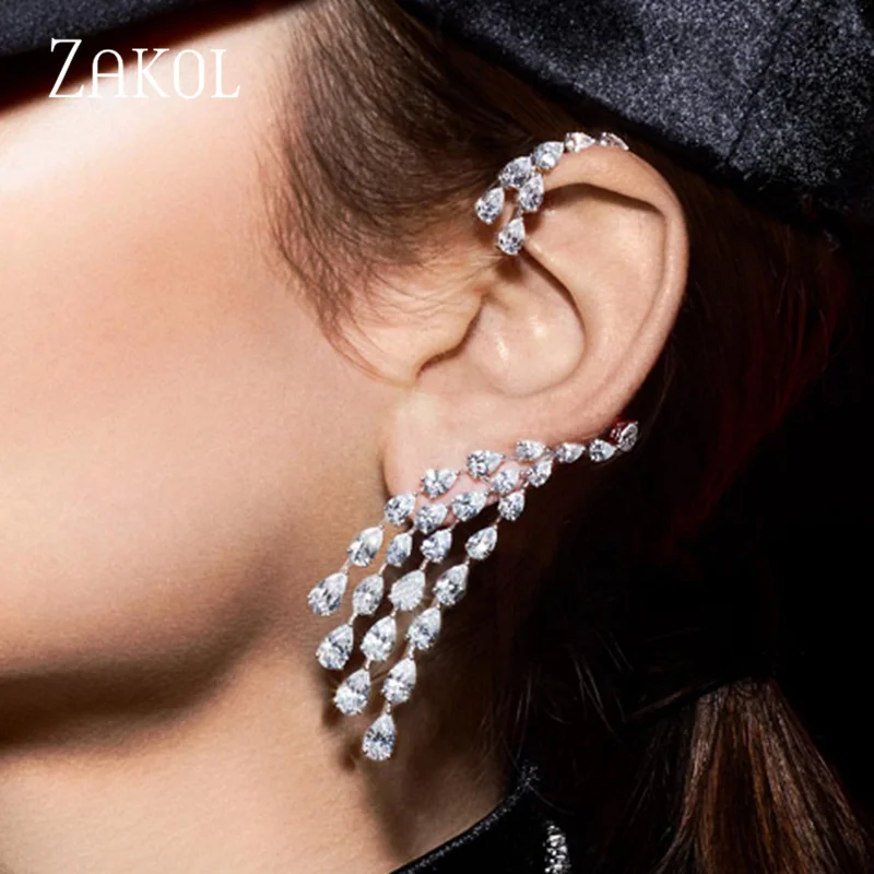 ZAKOL Korean Luxury Wings Leaf Stud Earrings for Women Fashion White Gold Color Water Drop Cubic Zirconia Party Jewelry