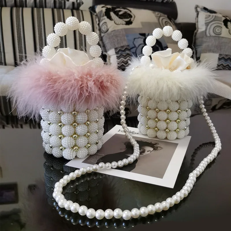 

2025 New Fashion Women Feather Pearl Dress Evening Clutch Bag Luxury Handmadae Bead Pearl Chain Shoulder Bag Bride Party Handbag