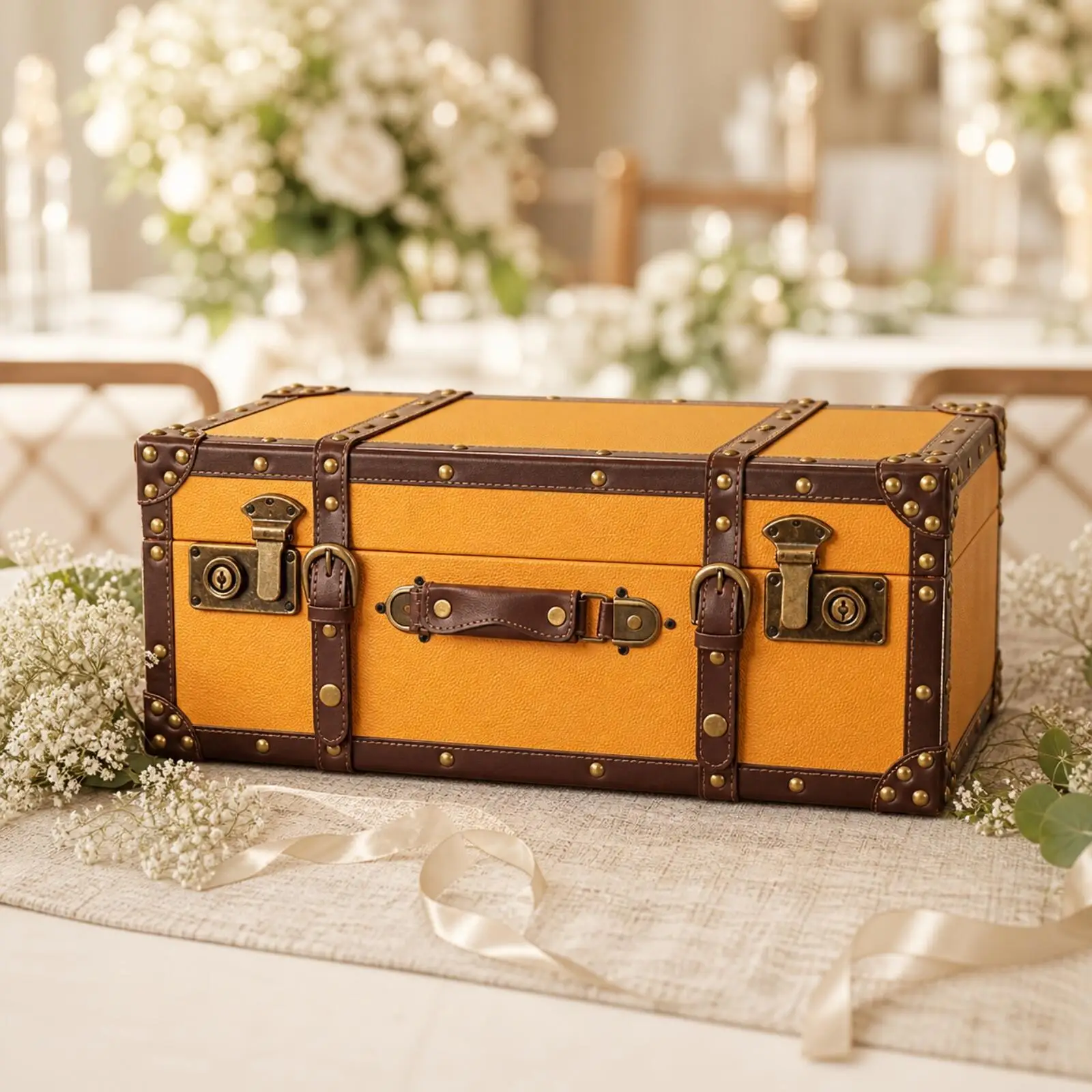 Retro Trunk Display Case Metal Corner Guards Leather Handle for Living Room Table Decor