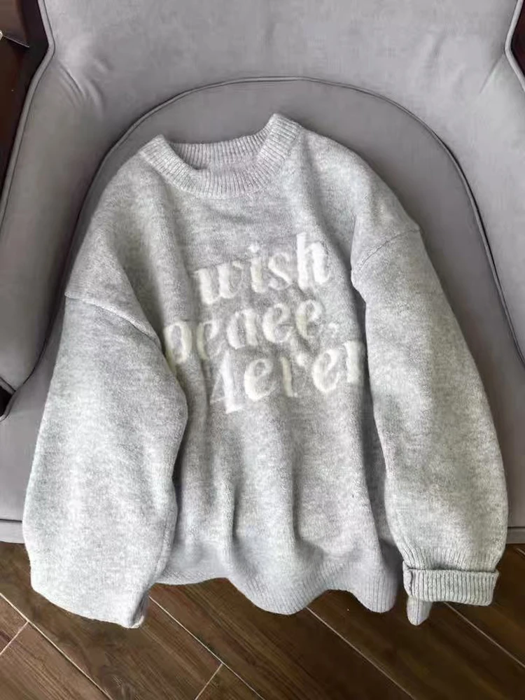 

Letter Jacquard Knit Sweater Women Winter Thick Soft O Neck All Match Knitwear Y2K American Loose Warm Grey Jumper Mujer