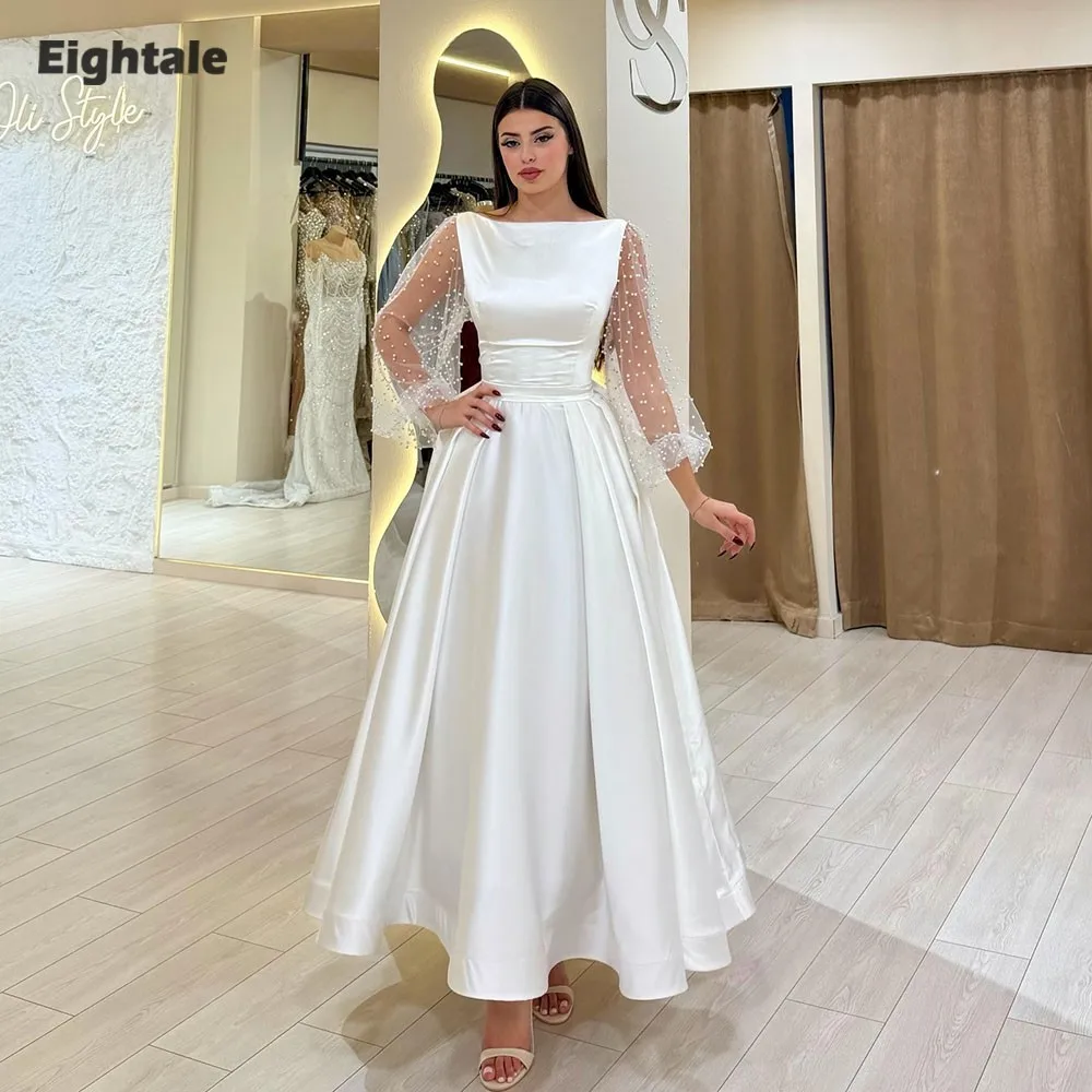 

Eightale Arabic Wedding Dress Customized Ivory Satin Bridal Gown Muslim Tea Length A-Line Pearls Bride Party Dress