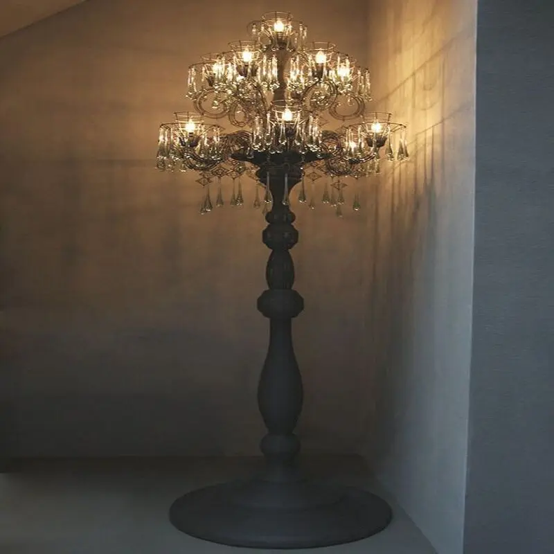 

French vintage wood art large luxury crystal floor lamp export villa hall hallway light