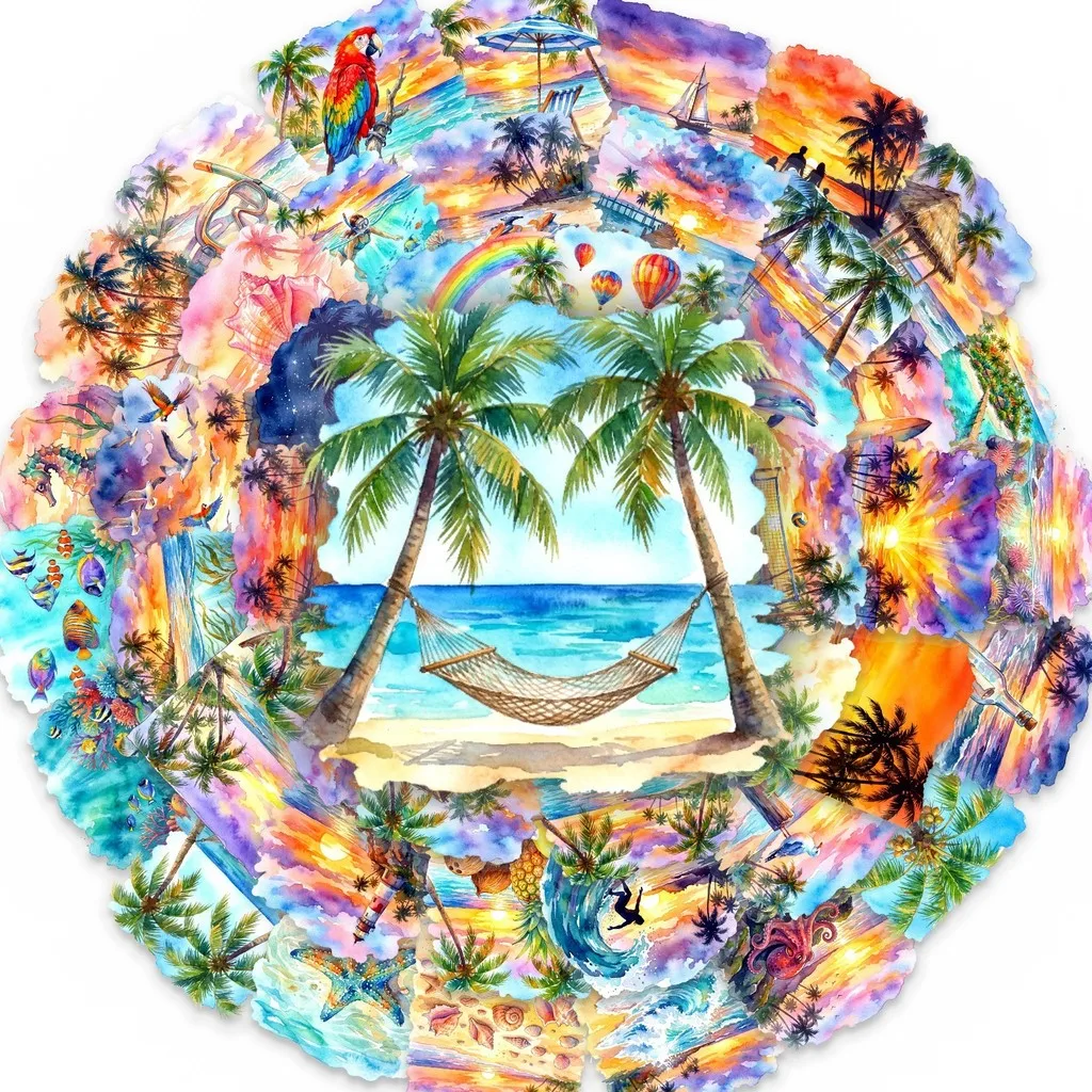 50Pcs Watercolor Ins‑Style Tropical Beach PET Clear Stickers, Hawaiian Coastal Themed Decals for DIY Journaling & Aesthetic