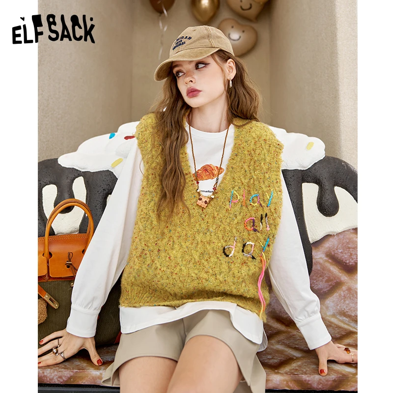 

ELFSACK 2024 Autumn New Arrivals Women's retro knitted v-neck vest