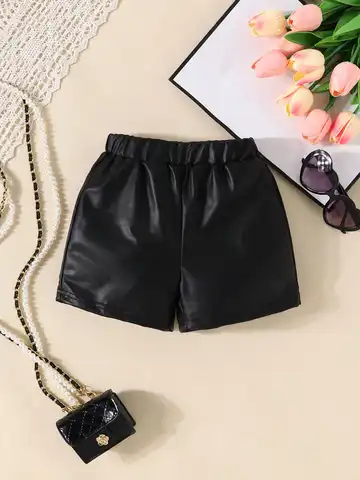 여름 새 아기 소녀 캐주얼 야외 멋진 간단한 솔리드 컬러 가죽 반바지 탄성 허리 블랙 패션 모든 것