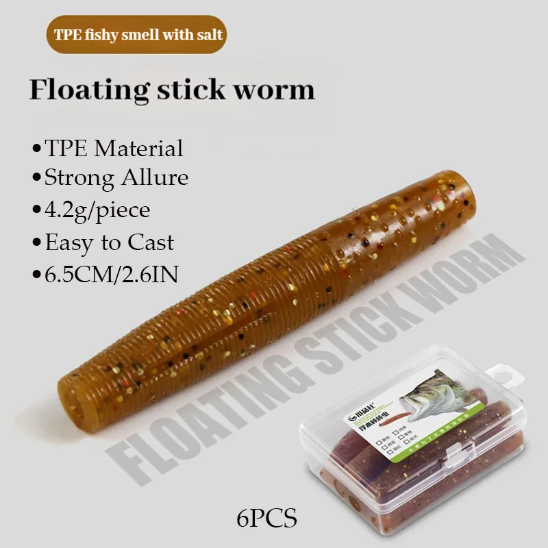 Señuelo de pesca, gusanos, lubina, TPE, 6 uds., 6,5 cm, cebo Artificial de plástico suave, aparejo Ned flotante, oscilante sin peso, fácil de fundir, señuelo para peces