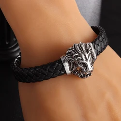 Domineering Personality Fashion Lion Head Leather Bracelet for Men's Party Wear High-End Trend Rock Jewelry