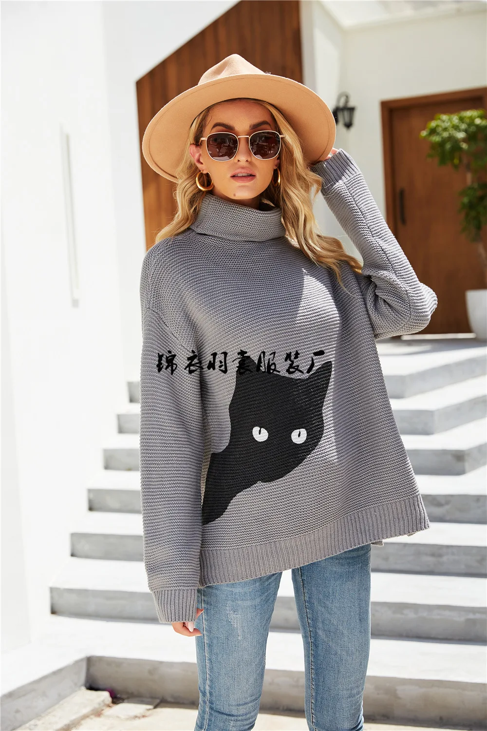 

Autumn and winter 2022 new personalized fashion printed kitten high collar large sweater