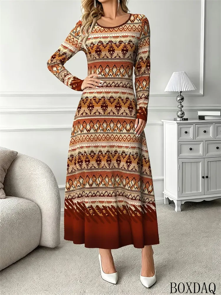 New Women Autumn Retro Ethnic Pattern Long Sleeve Maxi Dress Elegant Round Neck Dress Bohemian Casual Fashion Ladies Long Dress