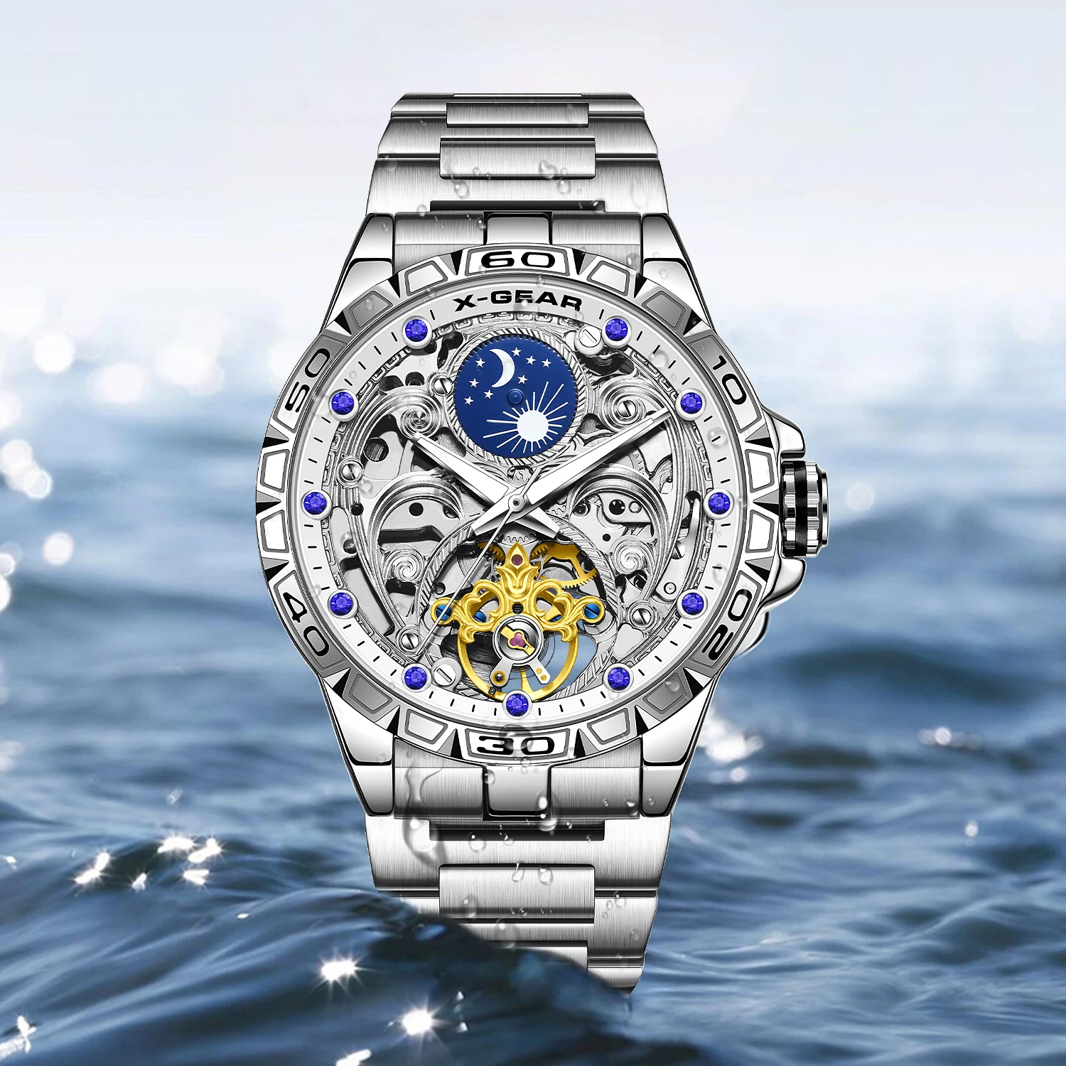ساعة X-GEAR ميكانيكية أوتوماتيكية للرجال مع حزام ستانلس ستيل مضيء ومقاوم للماء