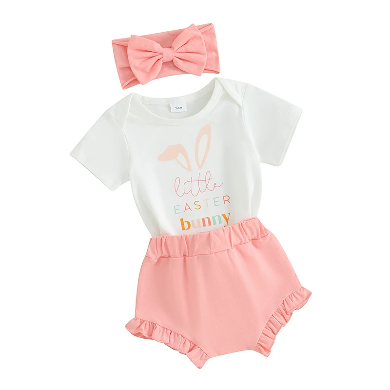 Newborn Summer Clothes Baby Girl Easter Outfit Short Sleeve Romper Solid Color Shorts 3Pcs Sets 3 6 9 12 18 Months