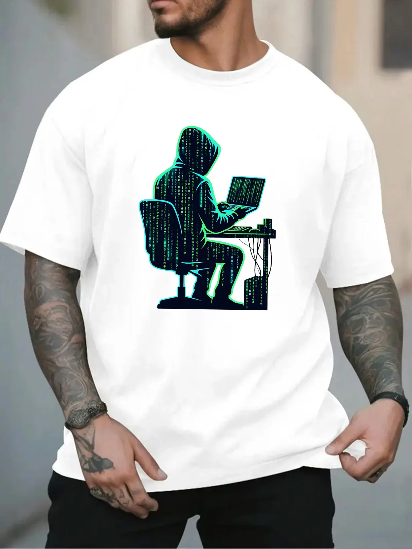 Men White Crew Neck Tee Neon Green Binary Code Hooded Hacker Silhouette Laptop Desk Programmer Tech Geek Casual Cotton Male Tops
