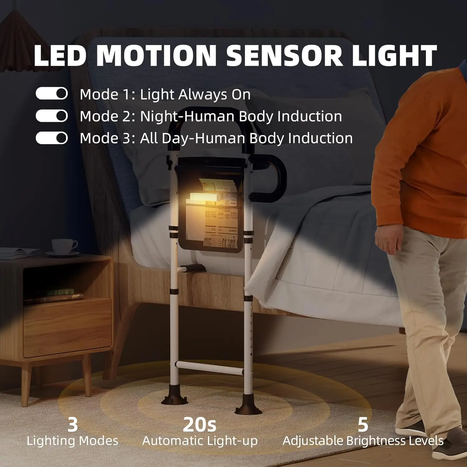 Bed Rails for Elderly Adults Safety, Height Width Adjustable Bed Assist Rail with Motion Sensor Light Storage Bag Side Rails