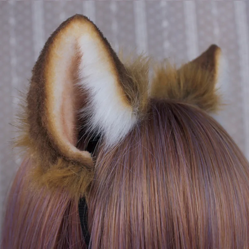 Accesorios de orejas de animales hechos a mano para mujer, tocado de Cosplay, cola de oreja de perro, Lobo marrón, Clip de pelo KC, accesorios originales de Halloween