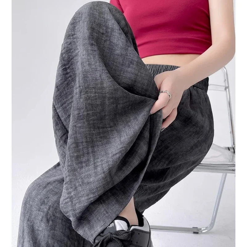 2025 femmes décontracté concepteur lâche jambe large pantalon filles cravate colorant empilé jambe droite pantalons femme rose noir abricot Baggy pantalon