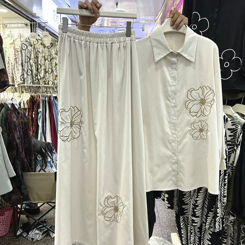 Camisa holgada de manga larga bordada de diseño europeo + falda con cintura elástica conjunto de dos piezas-GZTZ011