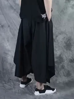 New Men's Asymmetrical Nine-Foot Skirt Pants Dark Style Wide Leg Casual Trousers Japanese Samurai Style Summer Breathable