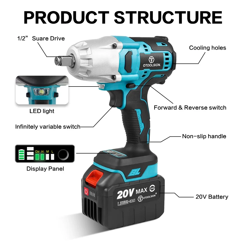 Otoolsie Koppel 600n. M Borstelloze Slagmoersleutel 1/2 Inch Draadloze Elektrische Moersleutel Elektrisch Gereedschap Geschikt Voor Makita 18V Batterij