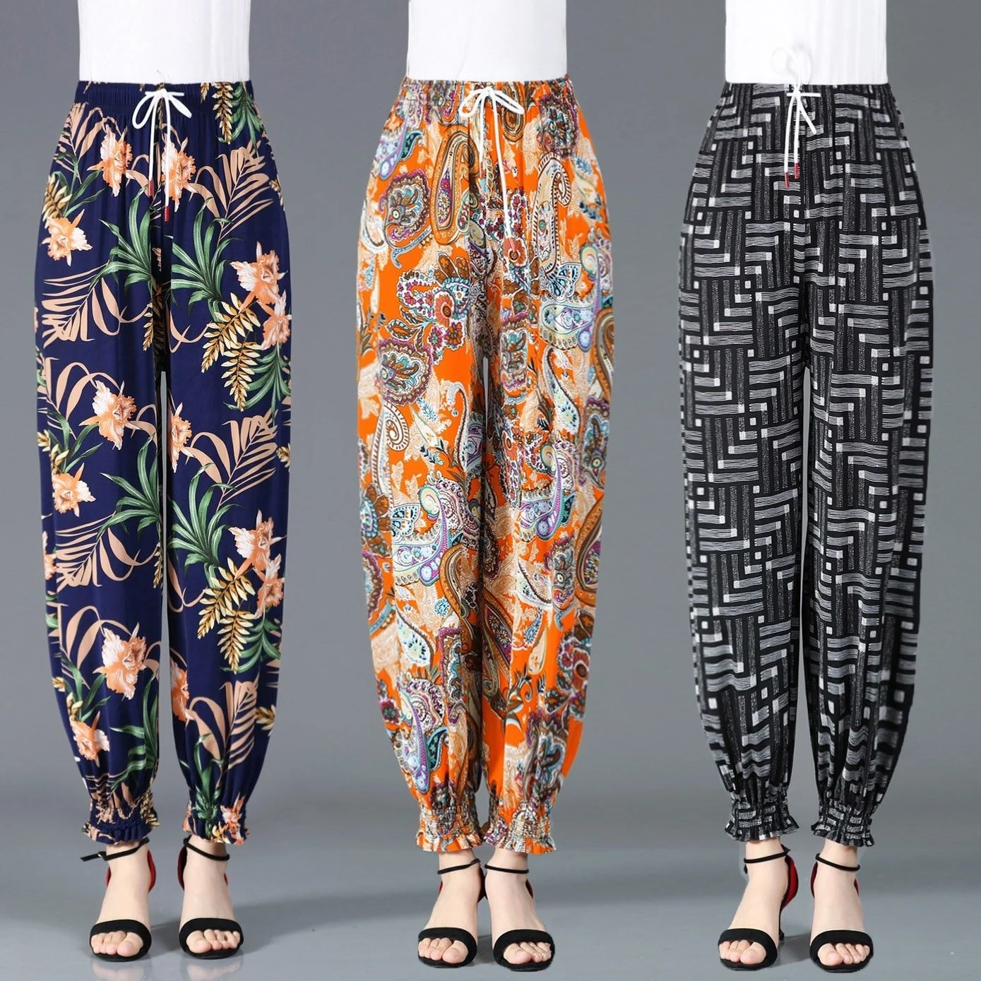 

Casual High Waist Floral Printed Harem Pants 2024 Summer Middle-aged And Elderly Women's Cropped Trousers Female Bottoms