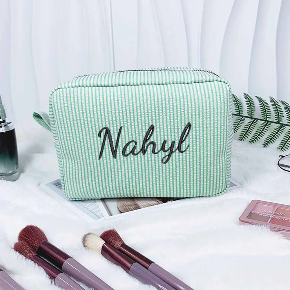 Personalized Name Seersucker Toiletry Bag Custom Embroidered Girl's Makeup Bag Travelling Storage Bag Birthday Gift Cosmetic Bag