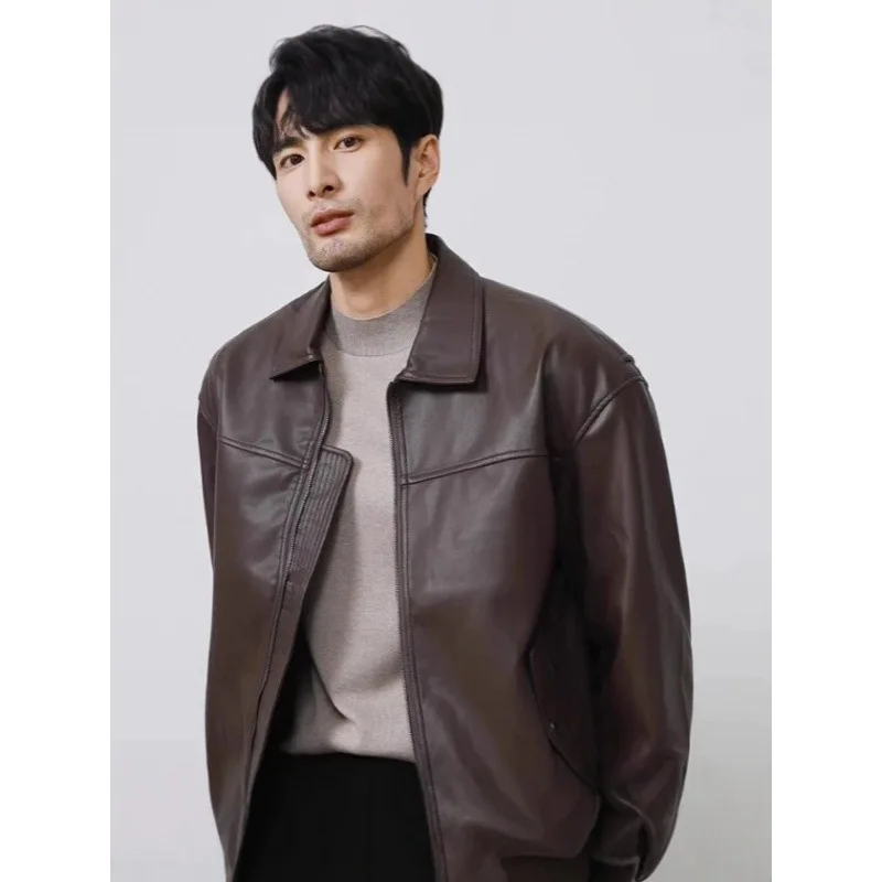 Casual Zipper PU Soft Leather Jacket for Men's Autumn Winter High-end Sense Retro Coffee Color Lapel Motorcycle Leather Jacket