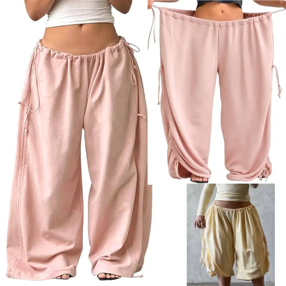 Chic Drawstring Wide Leg Sweat Pants for Women Jogging Home Casual Wear Elastic Waist Adjustable Hem Street Trousers