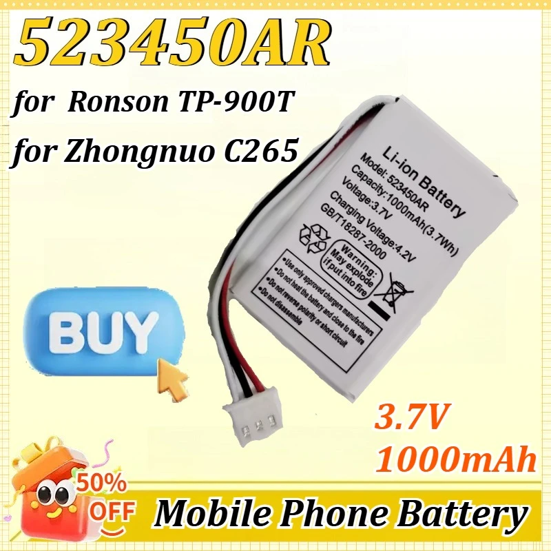 

523450AR 3.7V 1000mAh Battery for Zhongnuo C265 LI523450AR for Ronson TP-900T 523450A HWCD6238(10) Wireless Phone HR8188TC