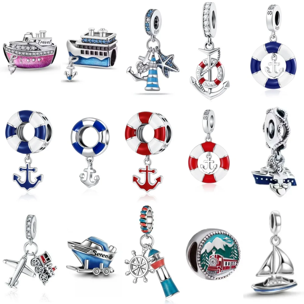 New 925 Silver ship rudder anchor lifebuoy Charm yacht Bead lighthouse Pendant Fit Original Bracelet Women DIY Jewelry Make Gift