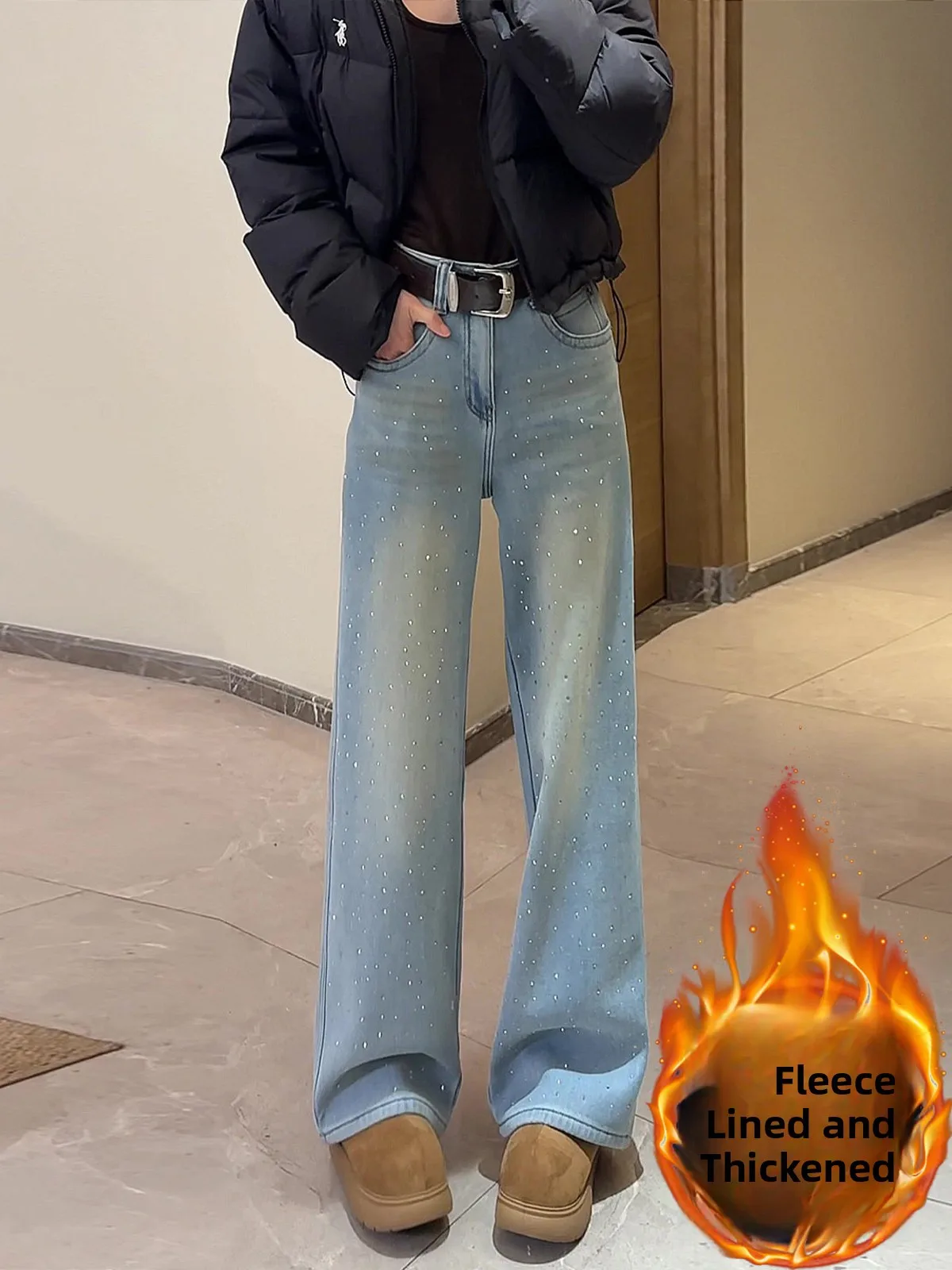 

High Waist Flared Jeans Women's Fce Lined Straight Leg Rhinestone Waed Light Blue Spring 2026 Ladies Faion Denim Pants