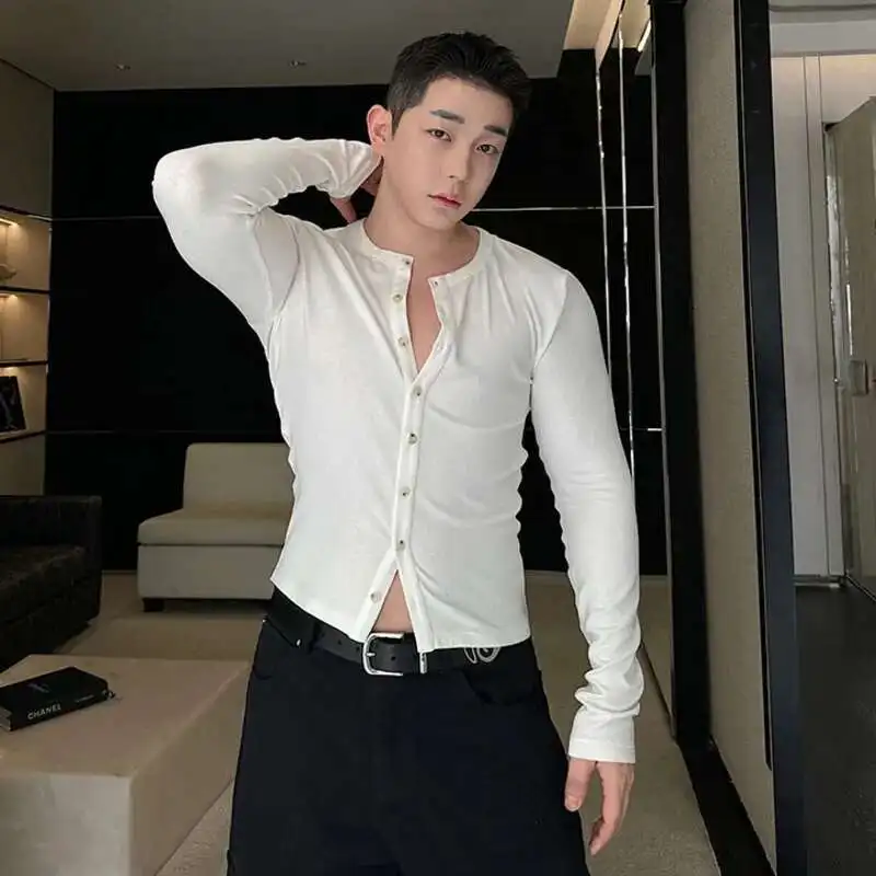 Korean Casual Solid Color Shirts Men's Short Sleeve Casual Shirt Solid  Color Knit Top, Korean Style