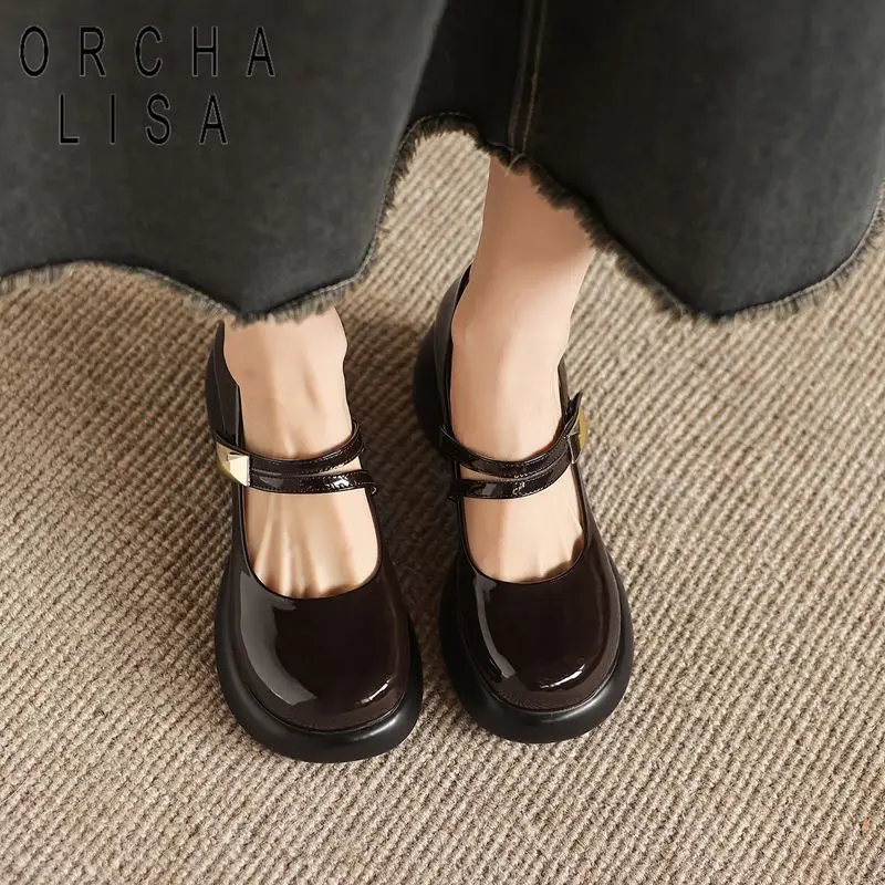 

ORCHA LISA Fashion Shiny Women Pumps Round Toe 6.5cm Block Heel Hookloop Large Size 41 42 43 Leisure Daily Mary Janes Female Sho