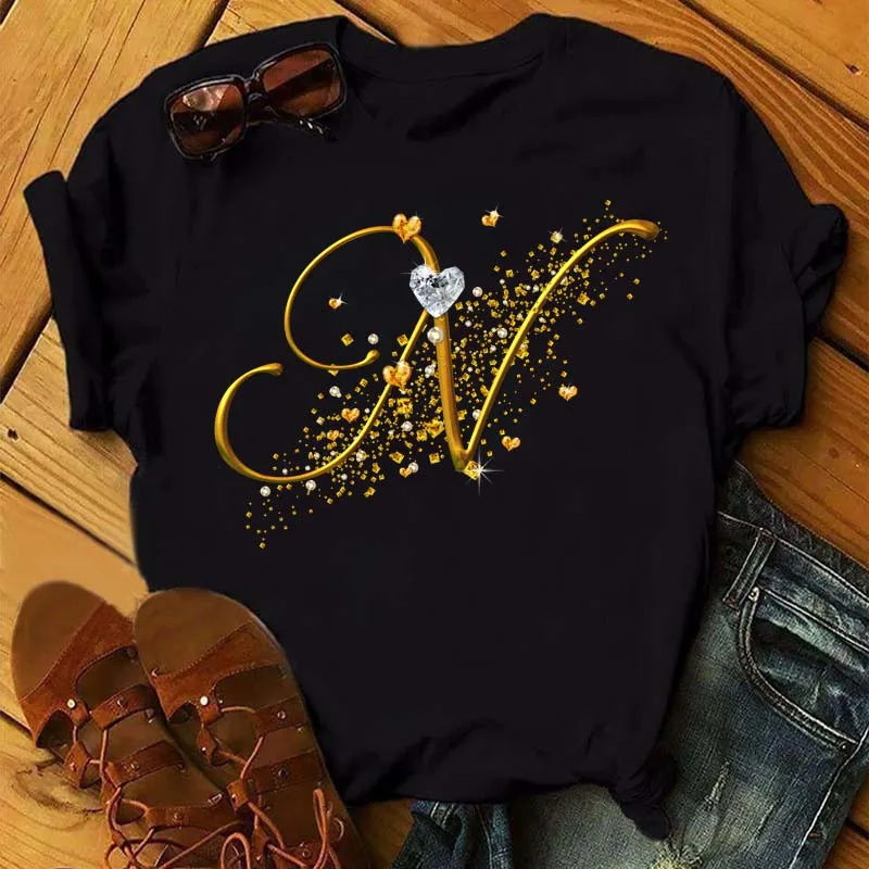 Name Letter Combination Fashion Women T-shirt Diamond Gold Letter Font A B C D E F G Short Sleeve Tops Black T-shirt