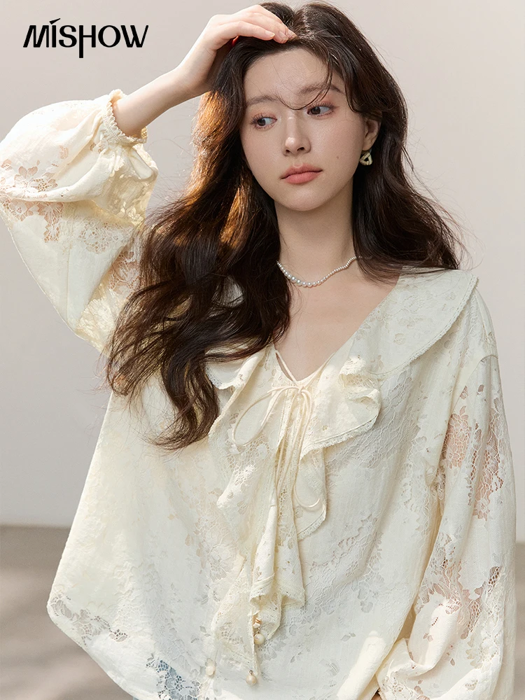 MISHOW French Style Lace Hollow Flower Embroidery Women's Blouse 2026 Spring New Ruffle Edge V-Neck Elegant Top MXF14X2541 view 3
