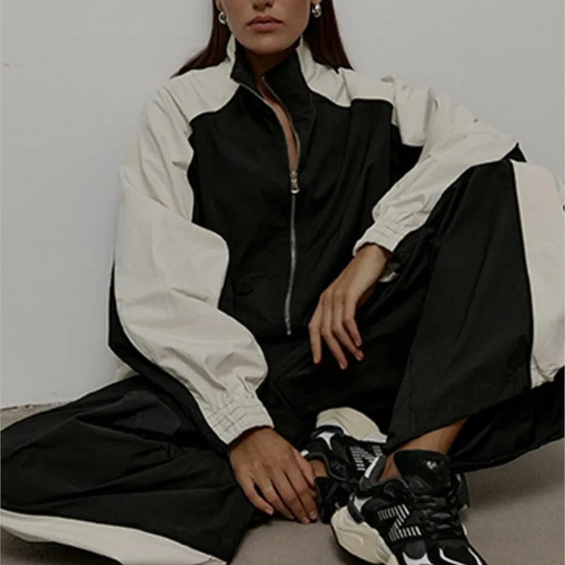 

2025 Autumn Womens Trendy Color-Block Drawstring Sports Jacket & Pants Two-Piece Casual Set Active Streetwear Tops