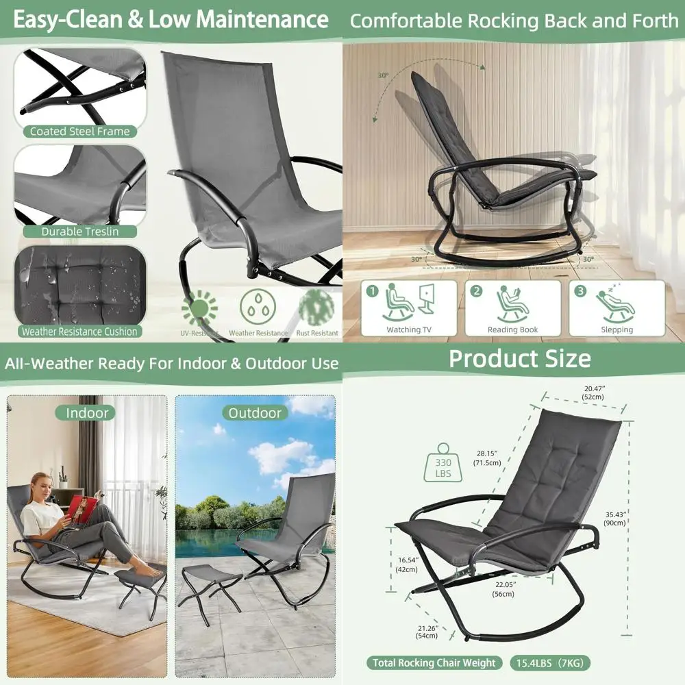 

Серое всепогодное кресло-качалка для улицы с подушкой, идеально подходит для веранды, террасы или патио, выдерживает до 150 кг