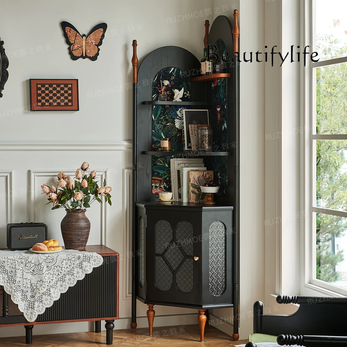 

French retro solid wood corner cabinet against the wall antique small apartment living room storage bookcase high-end