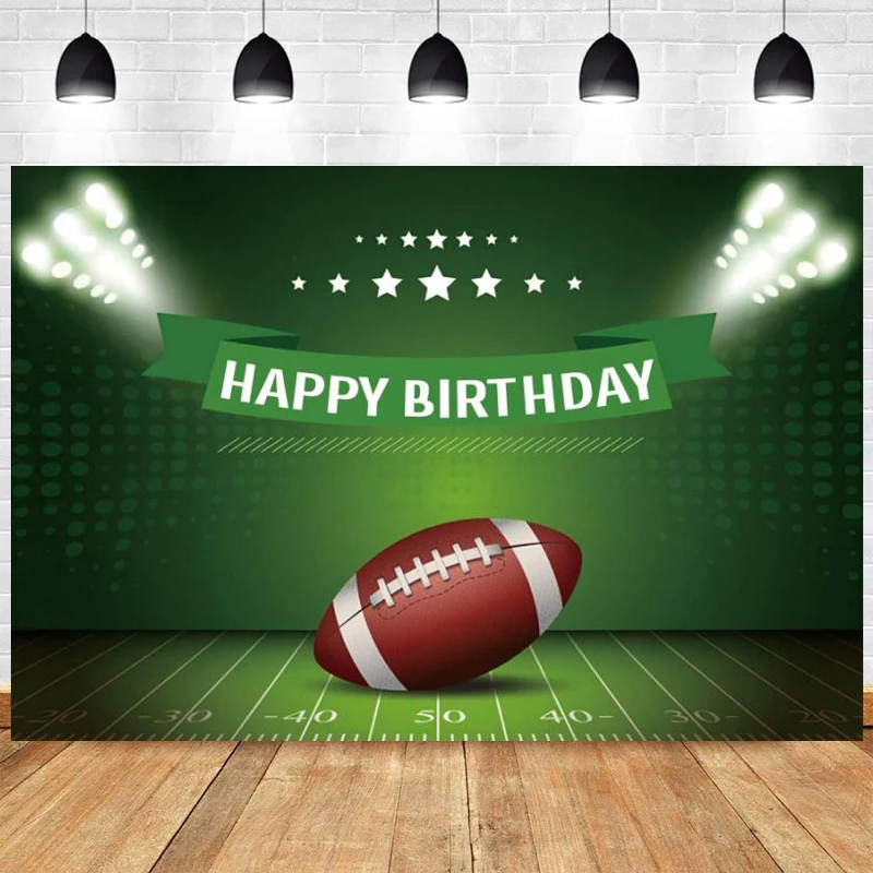 

Football Decoration Backdrop Happy Birthday Background for Photography Stadium Field Trophy Light Touch Down Rugby Soccer Banner