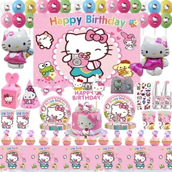 Vajilla desechable de Hello Kitty para decoración de fiesta de cumpleaños, mantel, taza, plato, bolsa de regalo, suministros para niñas