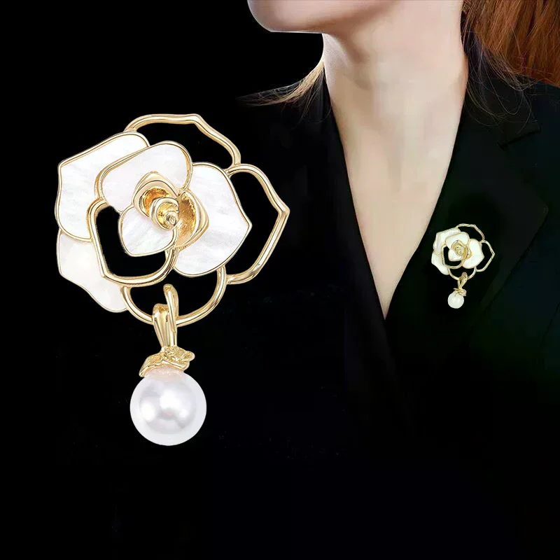 Elegant White Black Camellia Flower Brooches Pins For Women Beautiful Flower Plant Dressing Clothes Corsage Jewelry Accessories