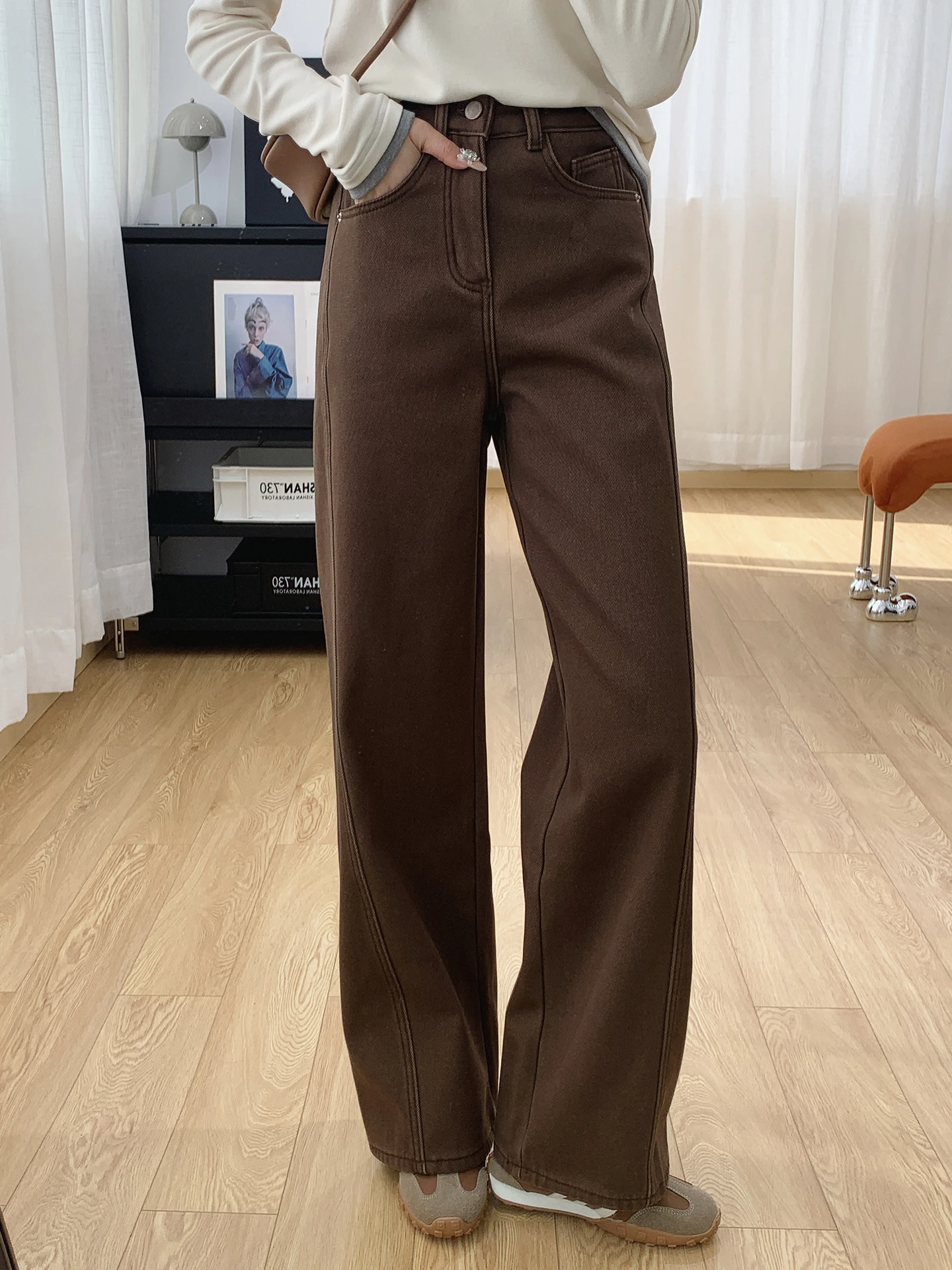 

Женские зимние джинсы с высокой талией, широкими штанинами, на хлопковой подкладке, свободного кроя, повседневные, с декоративными элементами