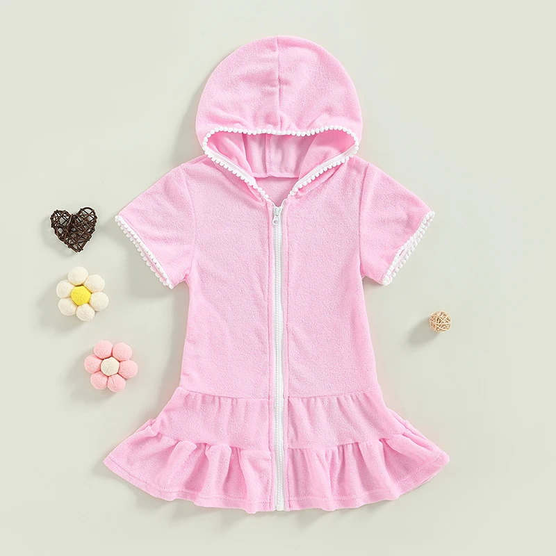 Yiiciovy Summer Kids Girls Swim Hooded Cover Up Terry Bathing Suit Beach Cover-Up Short Sleeve Zip Up Beach Dress for Kids