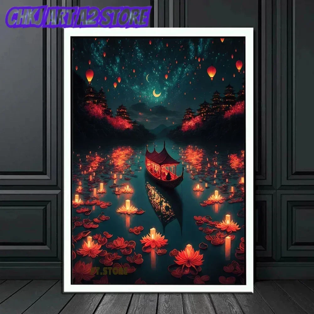 Ancient City Town Lotus River Lanterns Praying Blessing Traditional Festival Wall Art Minimalist Canvas Painting for Home Dec