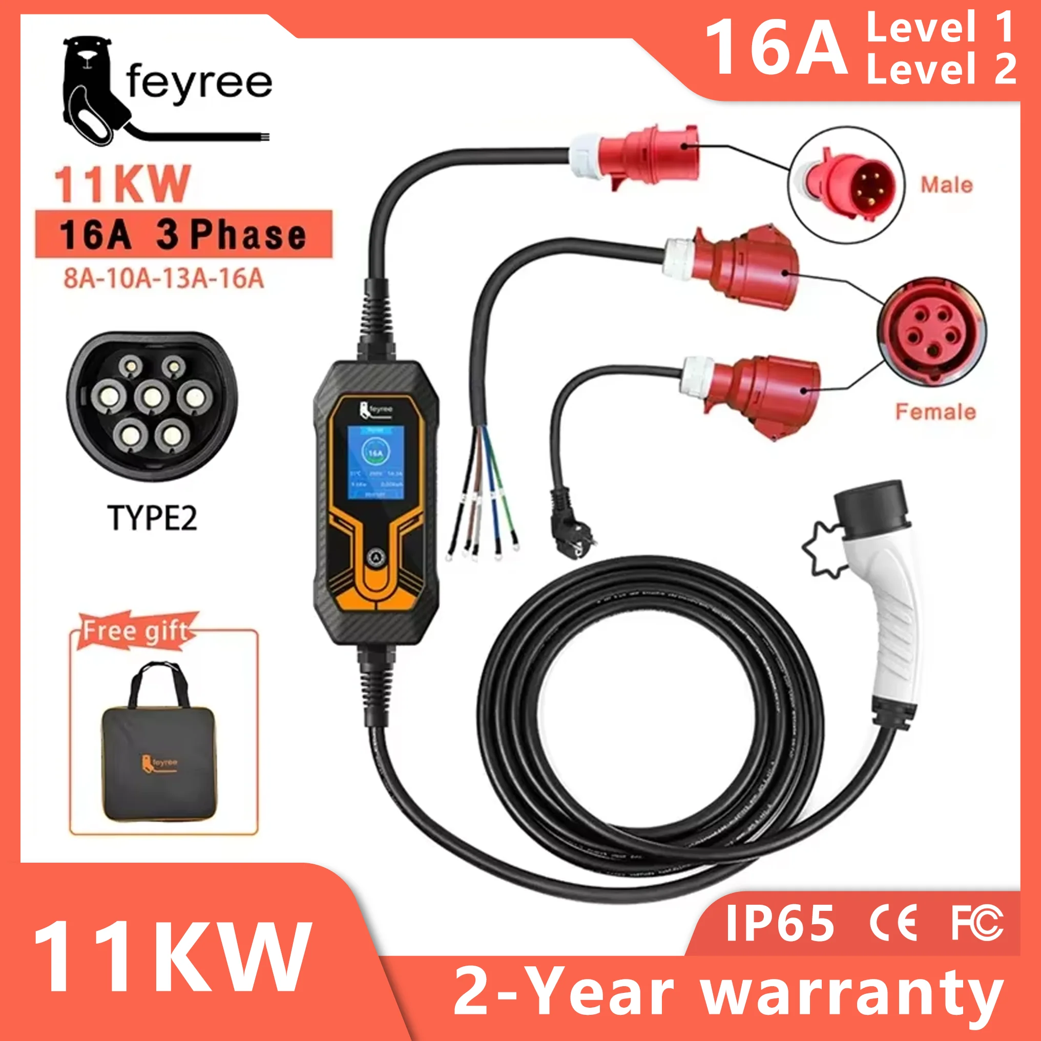 Feyree-cargador portátil EV de 11KW, 16A, 3 fases, tipo 2, Cable de 5M, caja de carga EVSE, cargador de coche eléctrico, enchufe CEE para vehículo