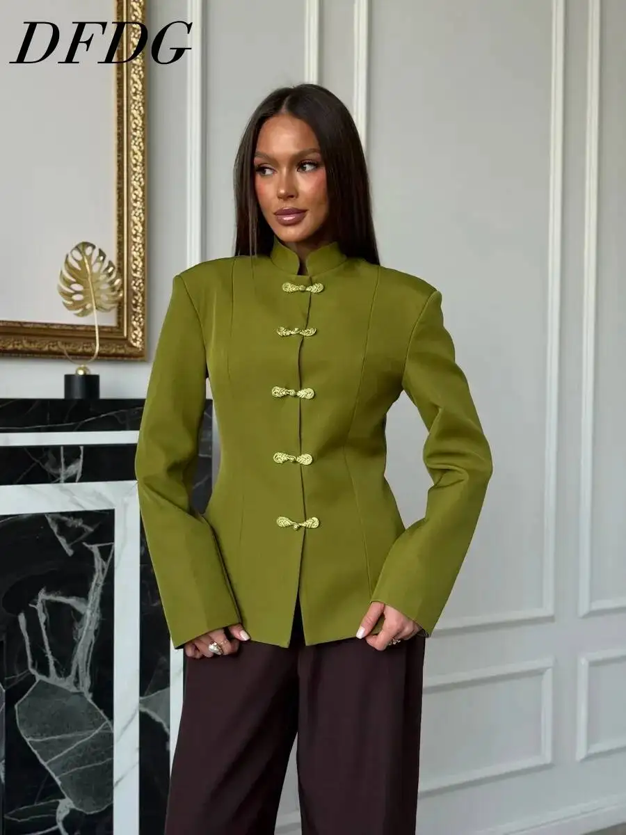 DFDG Women 2026 Spring Summer Chinese Style Blazer Mandarin Collar Frog Button Fitted Waist Long Sleeve Office Outerwear Jacket