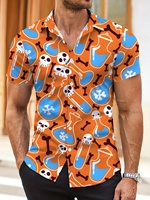 Men's 3D Skull & Bones Print Short Sleeve Shirt - Vibrant Orange & Blue Hot Transfer Graphic, Regular Fit Casual Summer Shirt