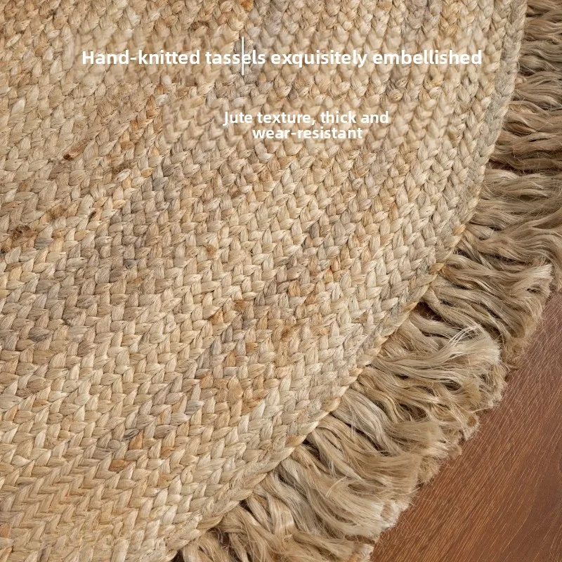 Handwoven Jute Round Rug Japanese Style Tassels Rug Non Slip Adhesive Free Carpet for Home Eco Friendly Natural Floor Soft Mat