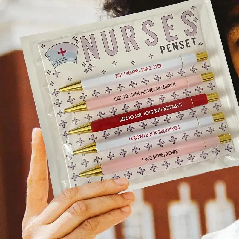 Funny Ballpoint Pen Set 5X Inspirational Nurse Pen Portable Inspirational Nurse Pen Cartoon Black Ink School Pen For School